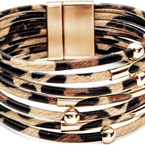 Leopard Bracelet for Women, Boho Leather Wrap Multi-Layer Pearl Crystal Bracelet